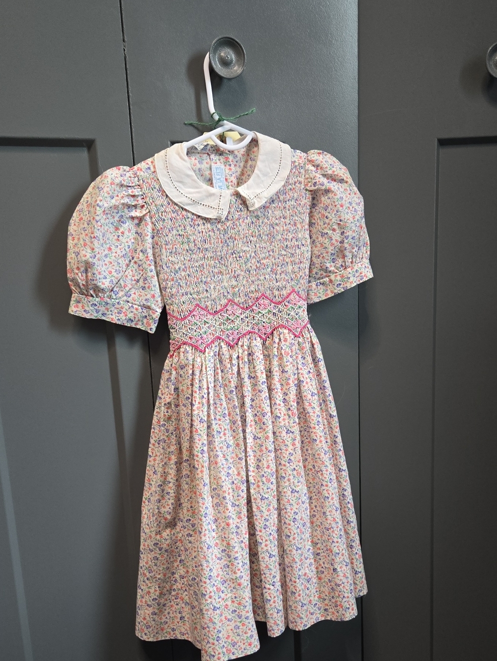 Girls' Pink Floral Smocked Dress with White Peter Pan Collar